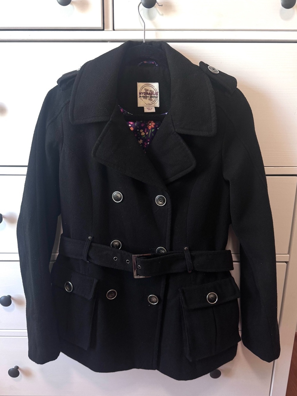 Hydraulic Black Double-Breasted Belted Pea Coat